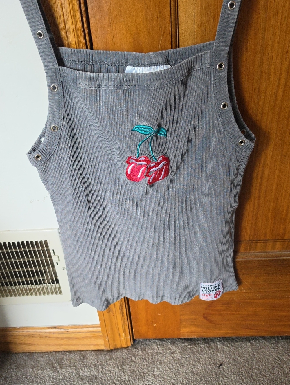 the Rolling Stones Gray Ribbed Tank Top with Red Cherry Patch